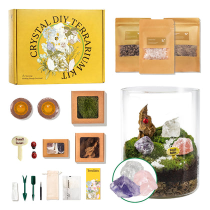 Terra Tales DIY Crystal Terrarium Kit box contents for a calm, creative workspace