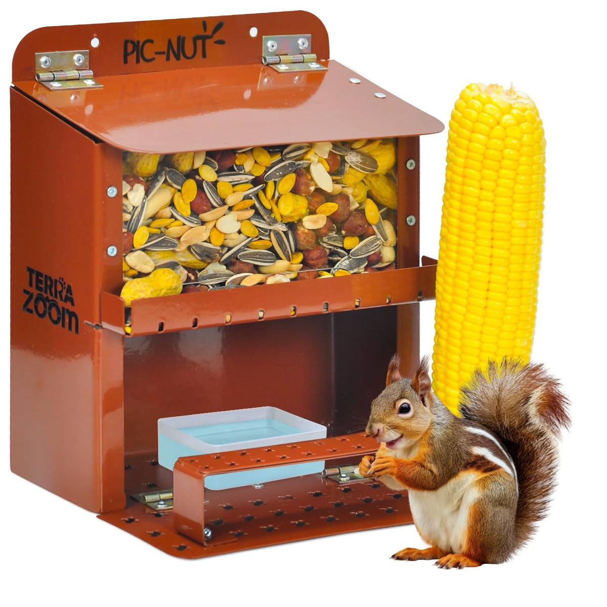 Terra Zoom weatherproof squirrel feeder in durable metal for outdoor use.