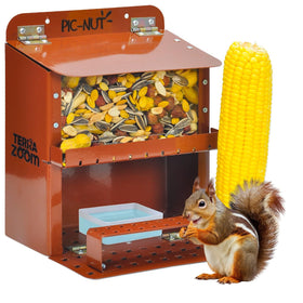 Terra Zoom weatherproof squirrel feeder in durable metal for outdoor use.