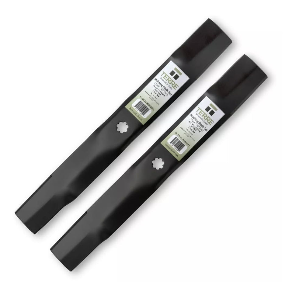 Terre two-pack high lift blades for 42-inch decks with secure mounting.