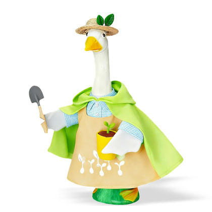 Terreva Gardener Goose Outfit with green hat enhances garden whimsy and spring display