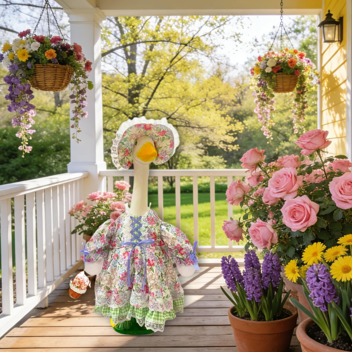 Terreva Mini floral basket prop enhances whimsical spring scenes for outdoor displays.