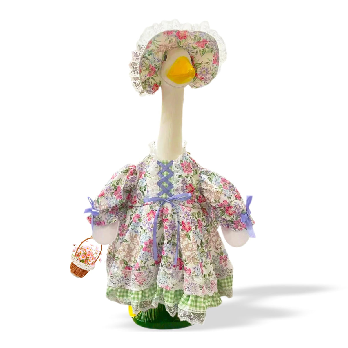 Terreva Spring Goose Outfit floral dress on a 23-inch goose for a vivid garden centerpiece.