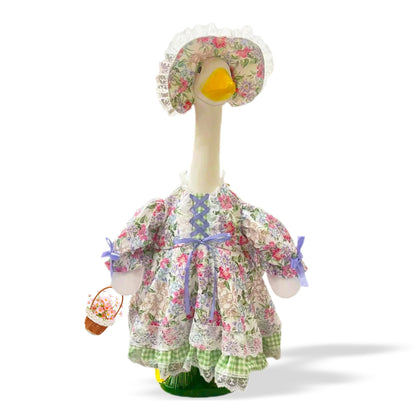 Terreva Spring Goose Outfit floral dress on a 23-inch goose for a vivid garden centerpiece.