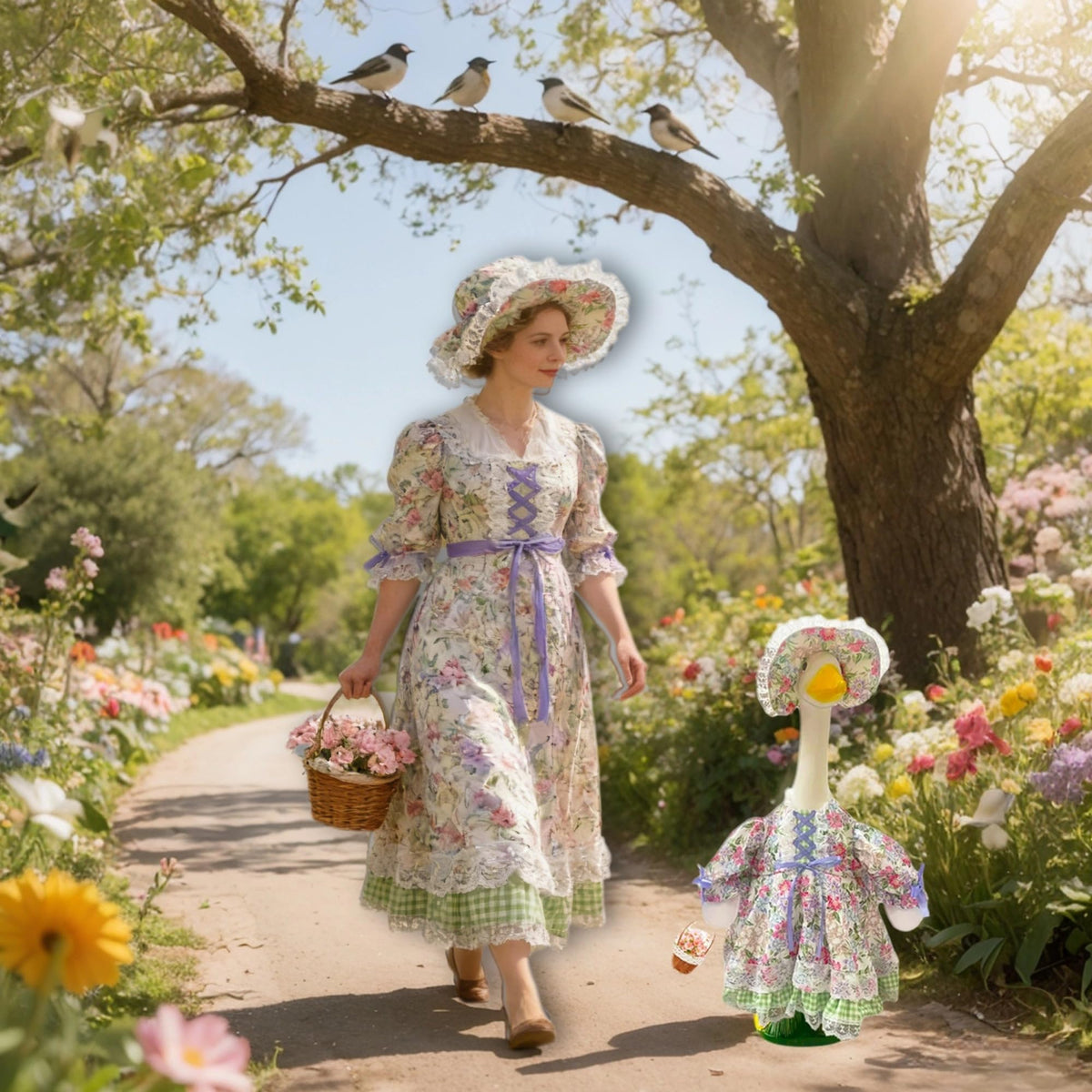 Terreva Spring Goose Outfit hat complements the look, perfect for porch decor.