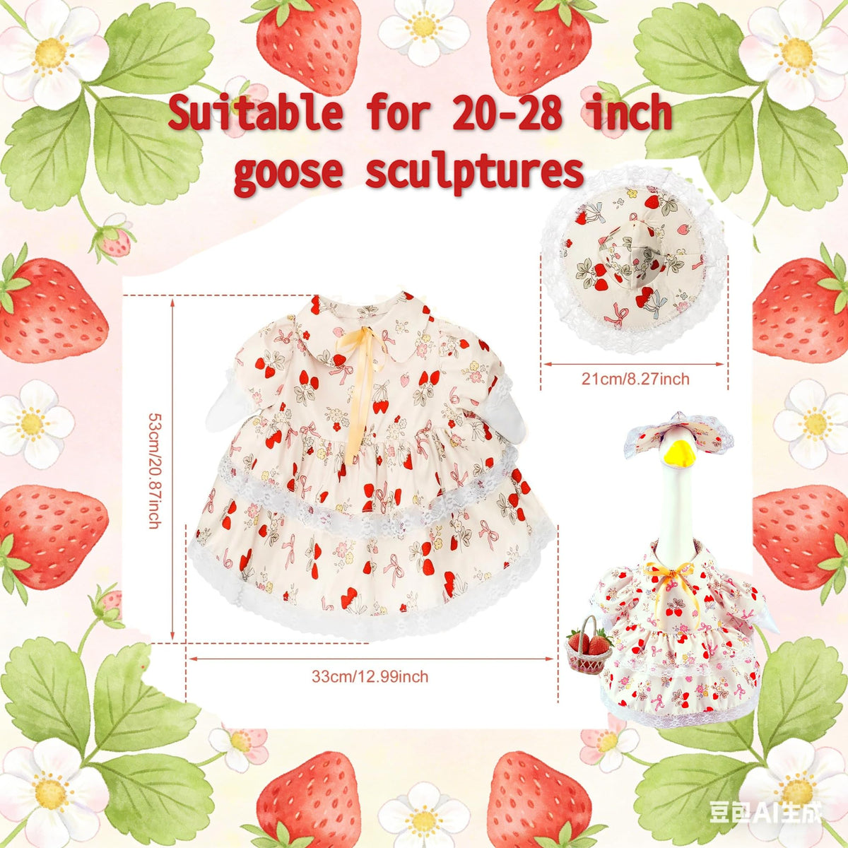 Terreva strawberry-pattern fabric on the goose outfit brightens outdoor spaces.