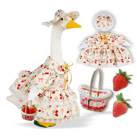 Terreva spring porch goose outfit with strawberry skirt and hat for festive curb appeal.