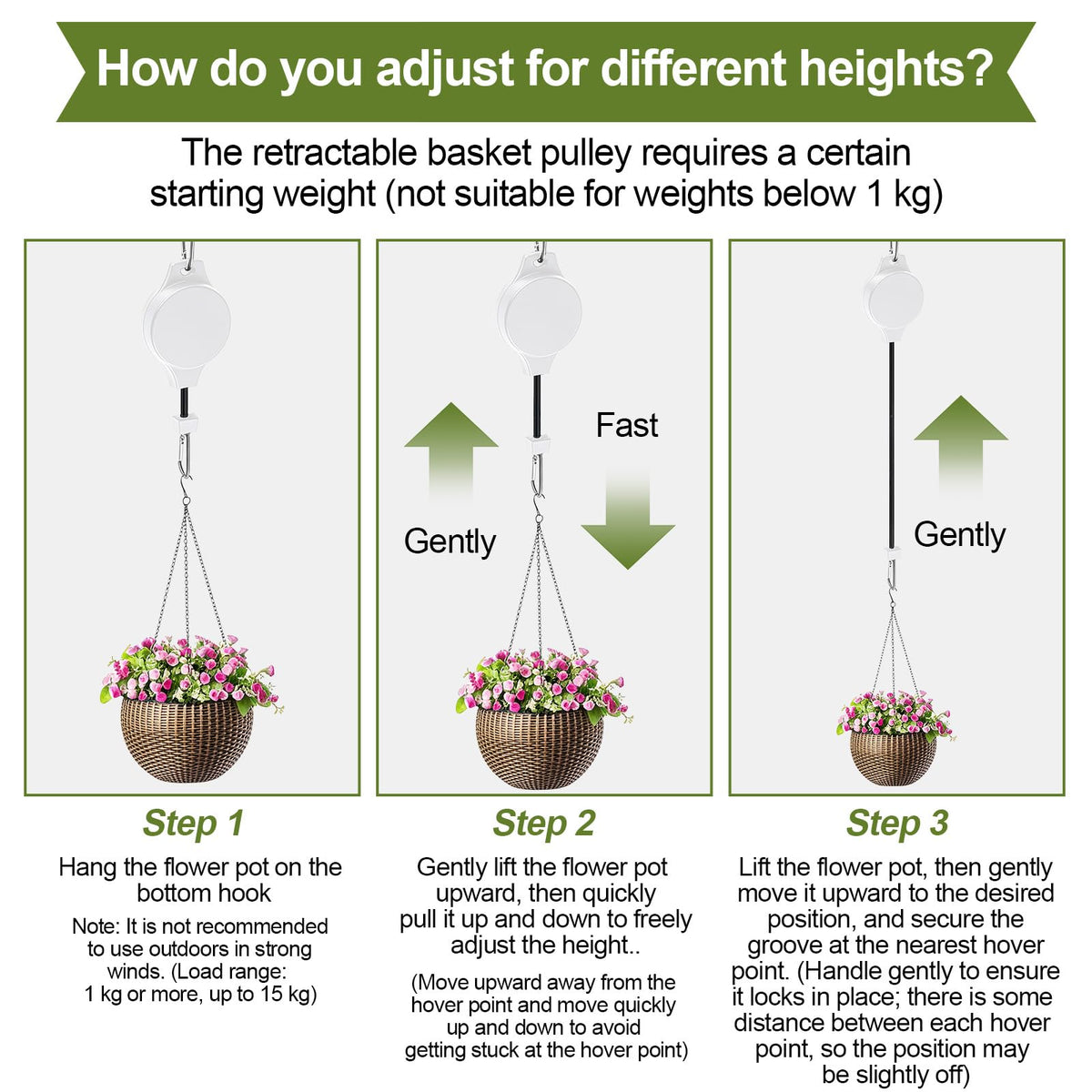 TERVEEX hanging planter height adjustment demonstrates dynamic display options for sun exposure.