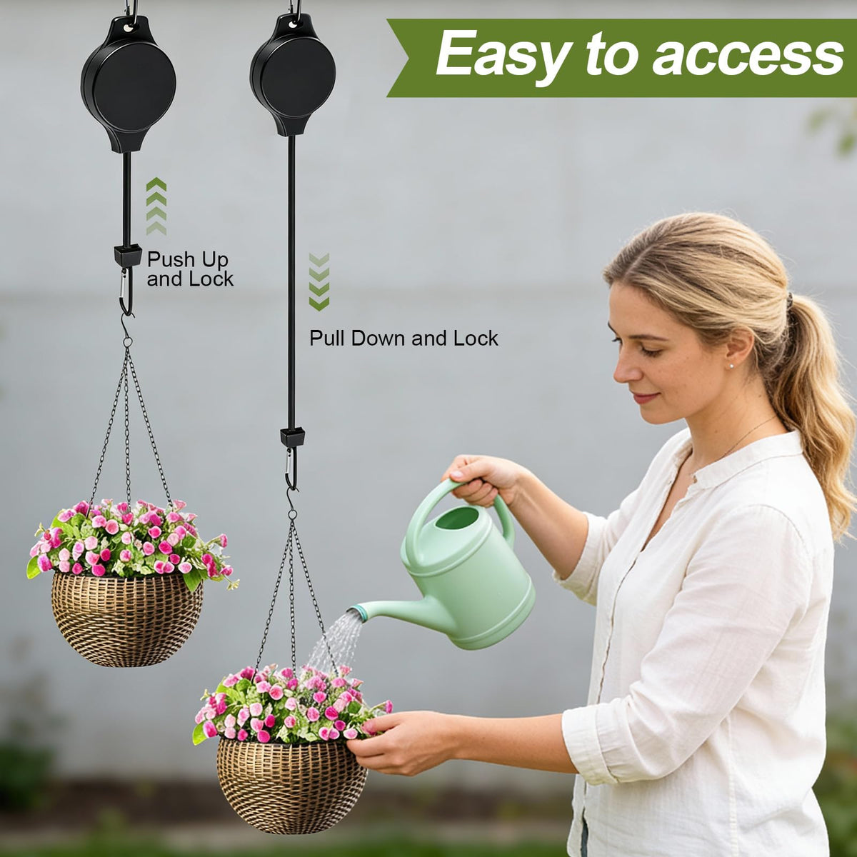 TERVEEX plant hanger pulley pull demonstrates lowering pots for easy watering and pruning.