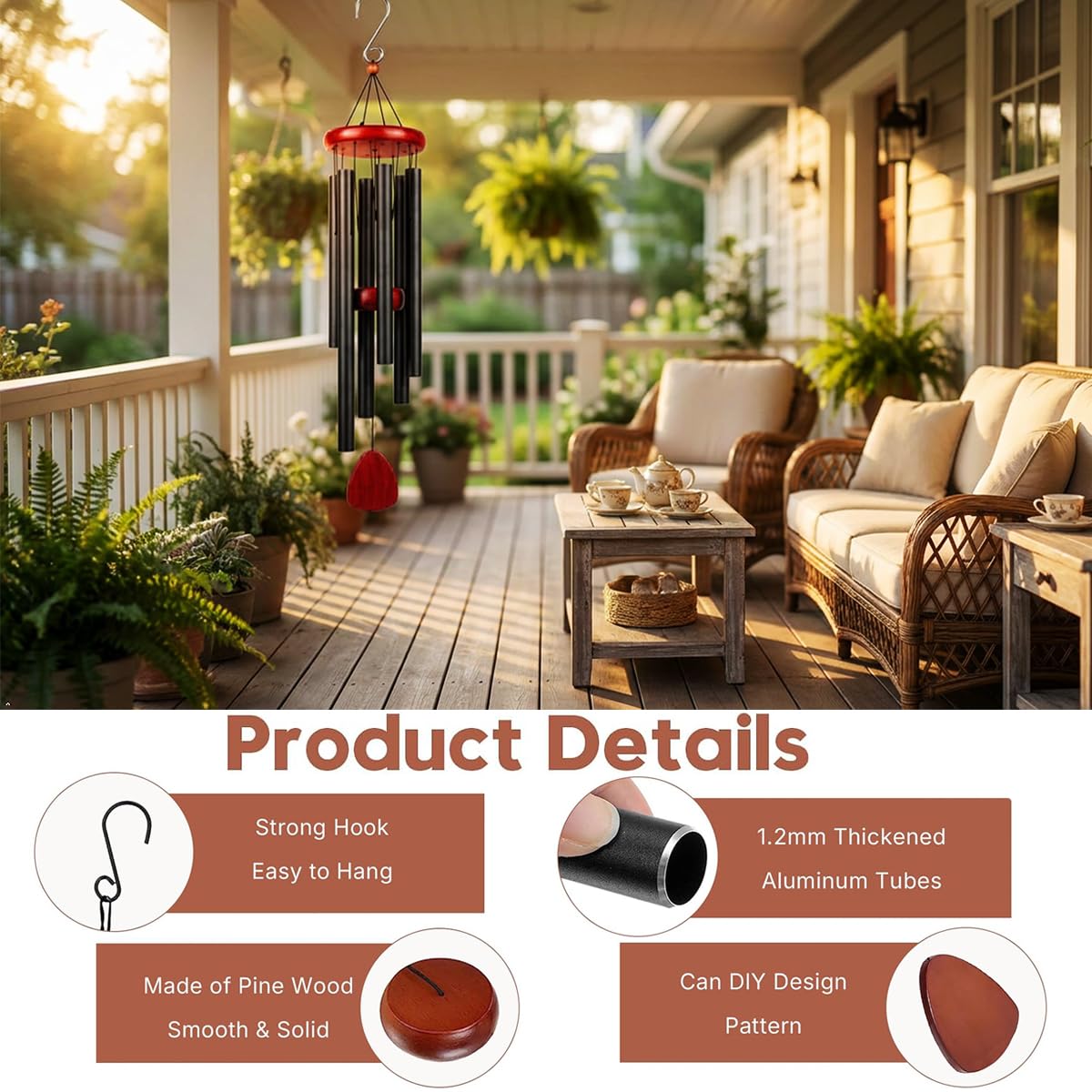 TERVEEX wind chimes showcasing durable timber and anodized aluminum construction.