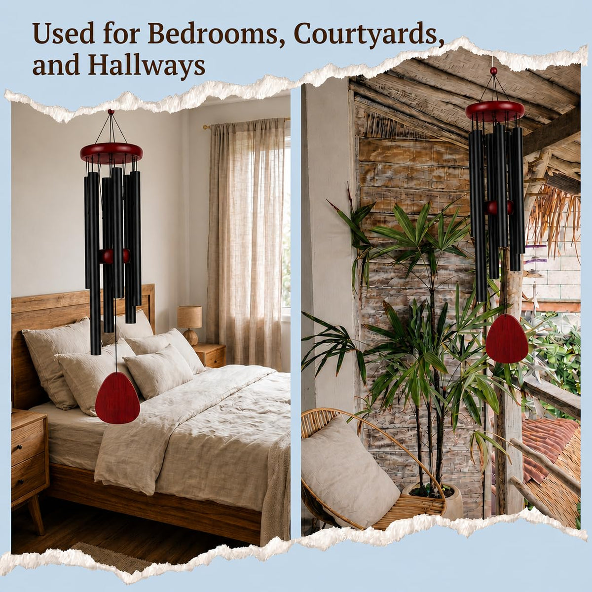 TERVEEX wind chimes black finish complements patio decor beautifully.