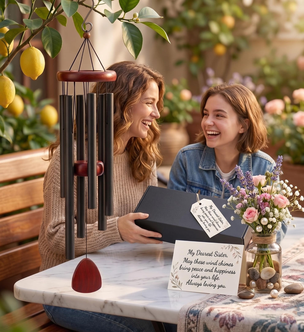 TERVEEX wind chimes in garden for year-round calming ambiance.