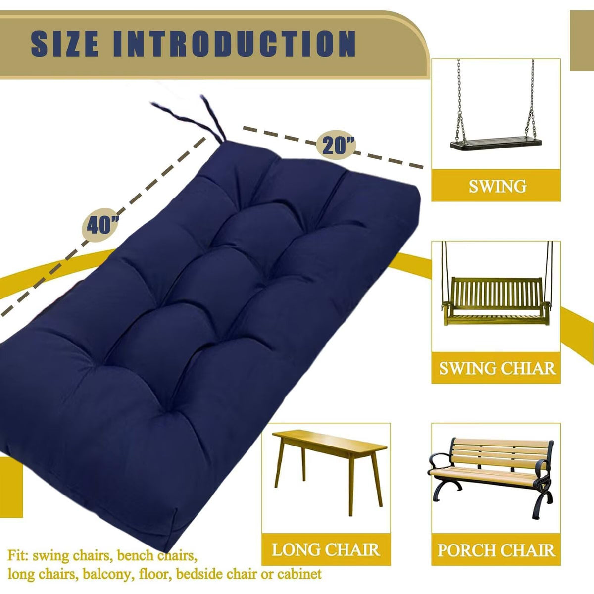 Garden bench with TESICA navy cushion providing stylish, comfortable seating.