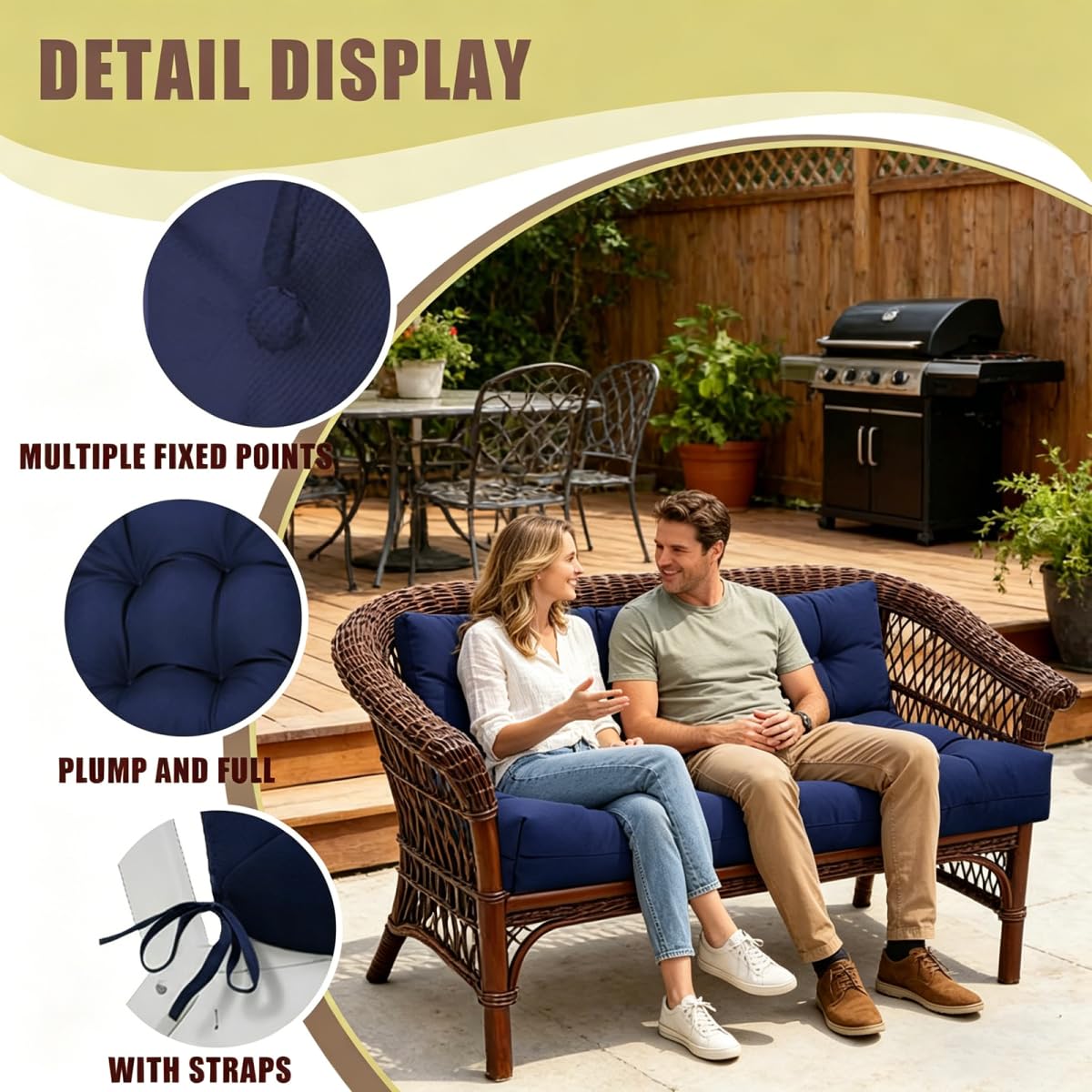 TESICA cushion with non-slip ties securing to a swing or bench.