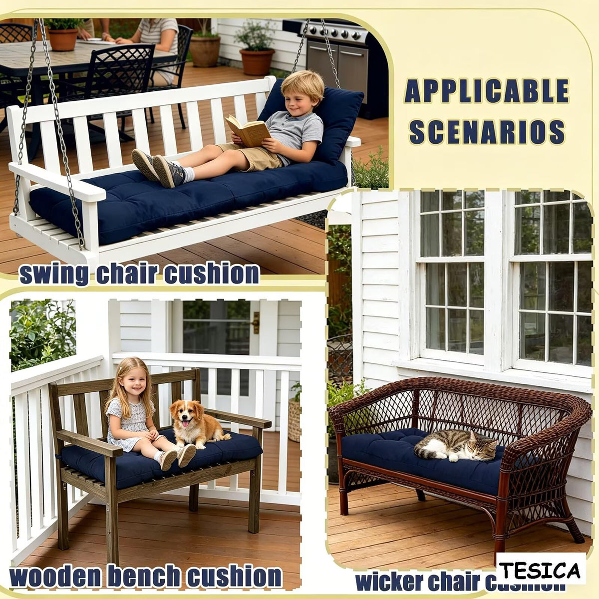 TESICA navy cushion secured with non-slip ties on a porch bench.
