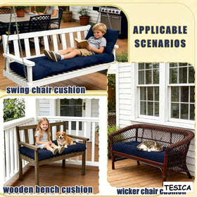 TESICA navy cushion secured with non-slip ties on a porch bench.