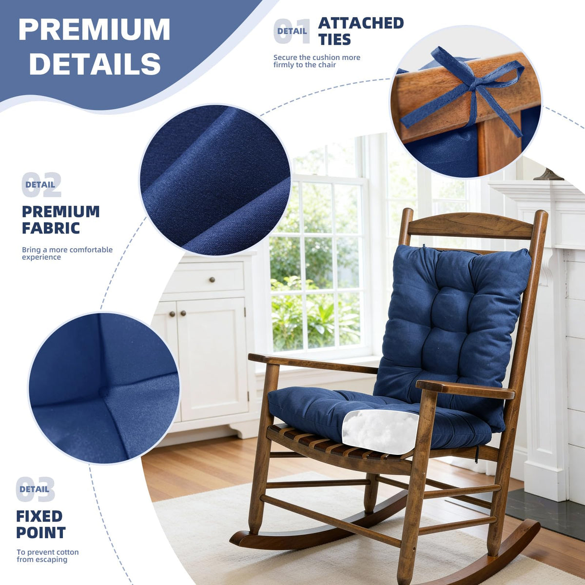 TESICA rocking-chair pad showing straps securing cushion for stable outdoor seating.