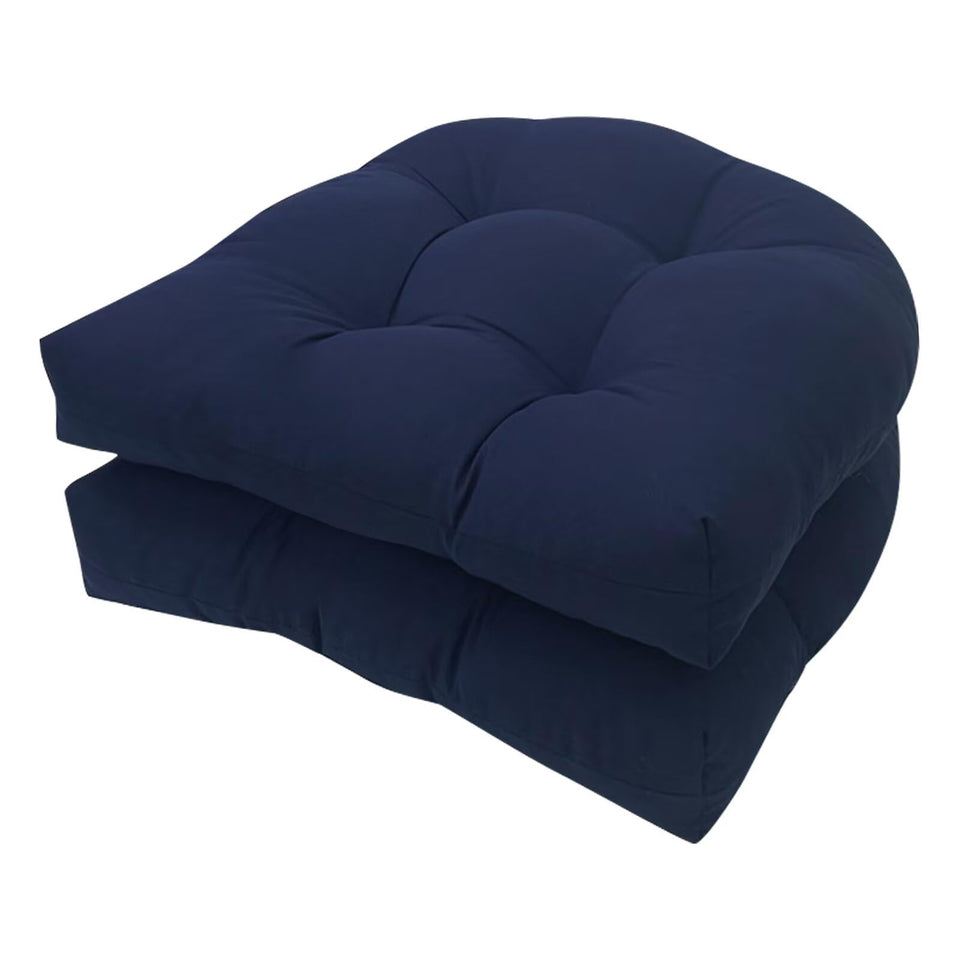 TESICA U-shaped navy blue rocking chair cushion enhances outdoor porch seating.
