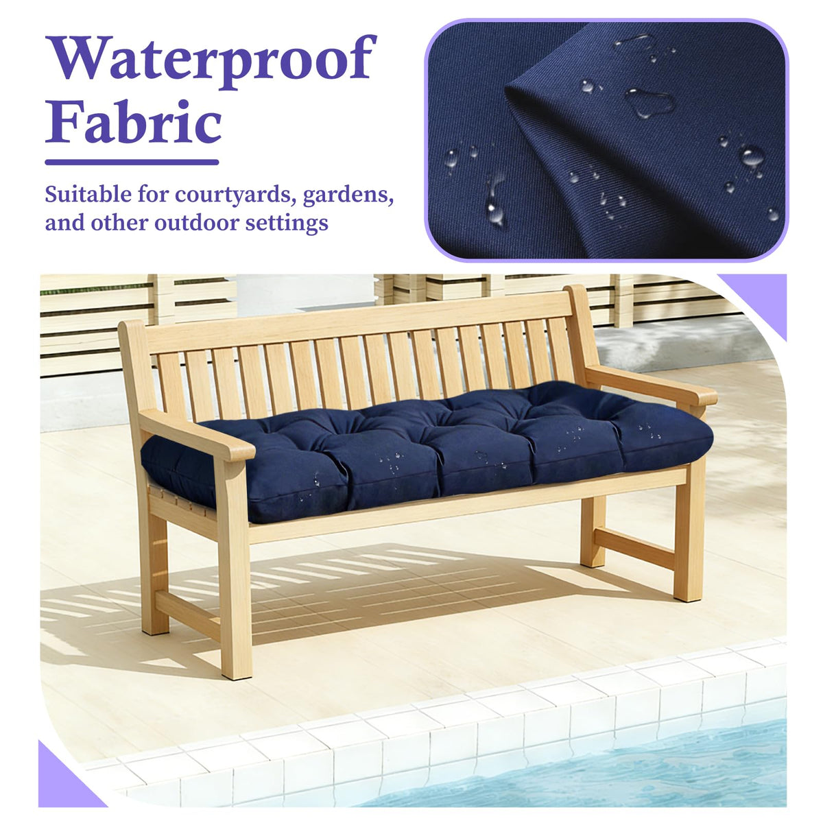 TESICA navy weatherproof patio cushion withstands sun and rain.