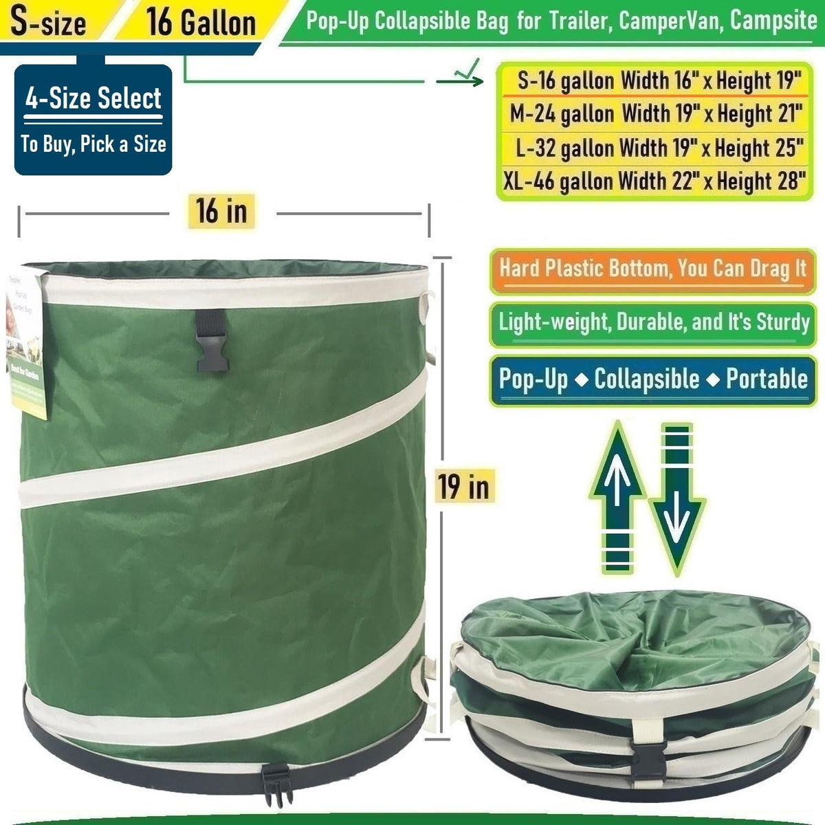 Tespher collapsible bin in use, easy to drag across lawn or campsite.
