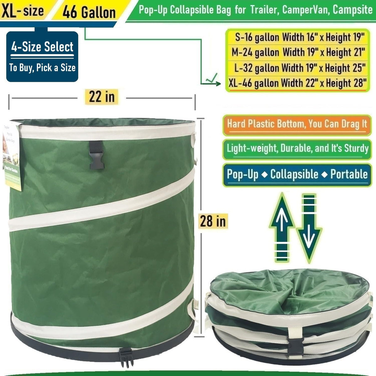Tespher hard-shell bottom bag features four reinforced handles for heavy yard waste.