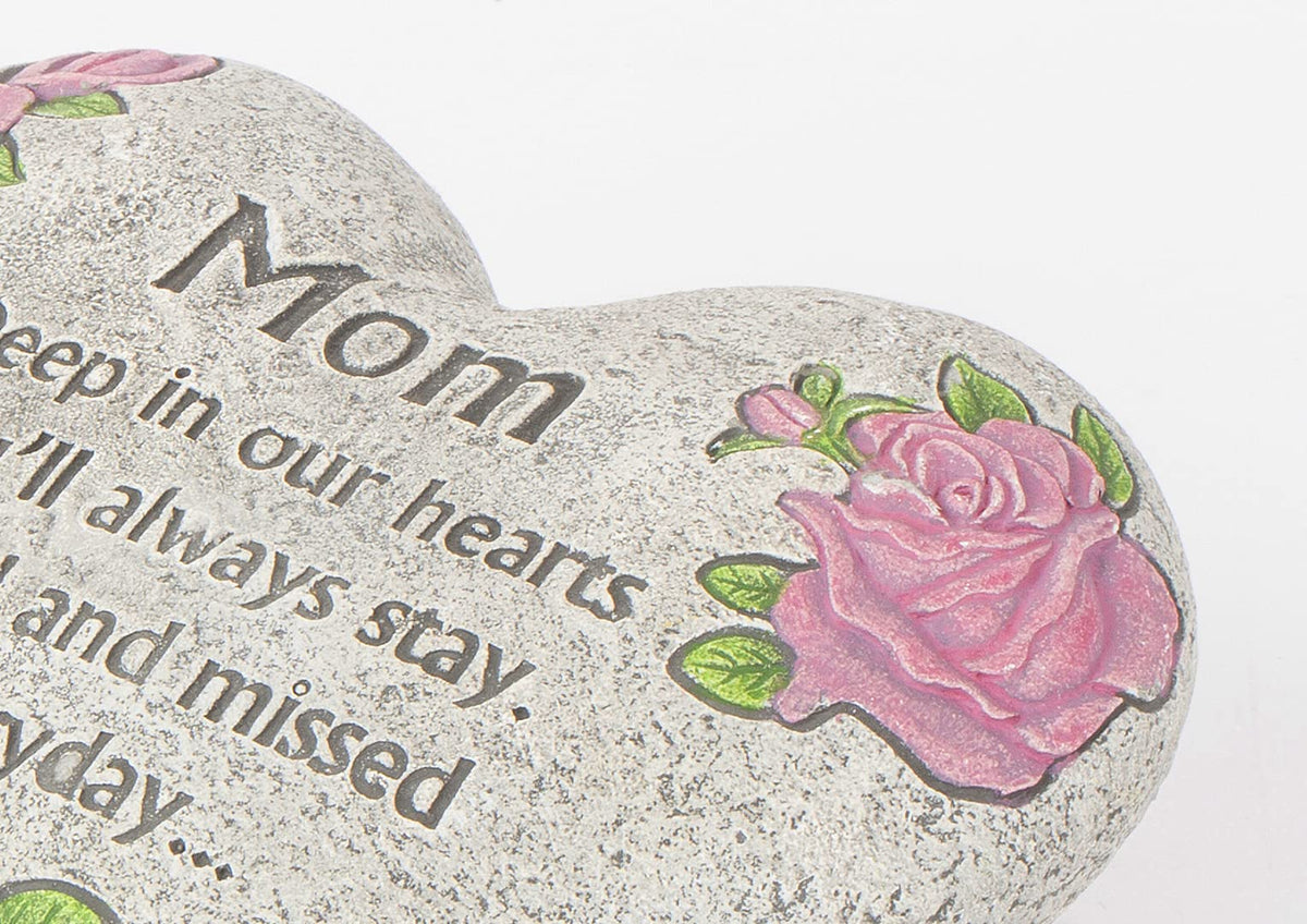 Teters Heart Memorial Stone for Mom, angled back display for outdoor placement.