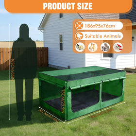 Tetuga Brooder Box dimensions 186x95x76 cm for roomy chick housing.