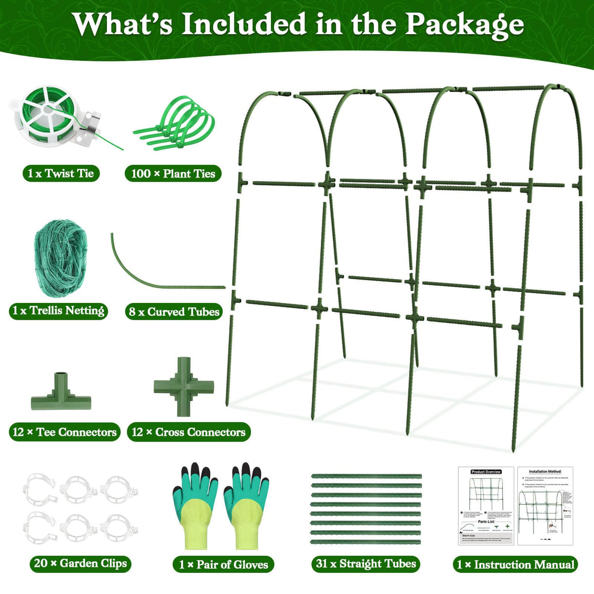 Tetutor assembled dimensions offer ample climbing area for vegetables.