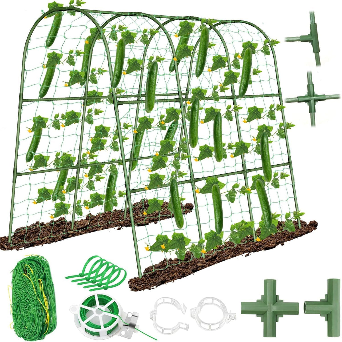 Tetutor cucumber trellis in a U-frame arch provides sturdy outdoor plant support.