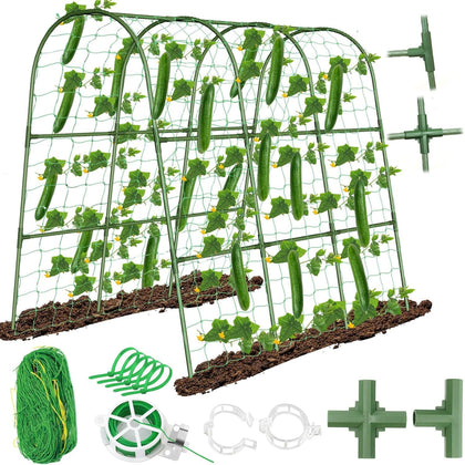 Tetutor cucumber trellis in a U-frame arch provides sturdy outdoor plant support.