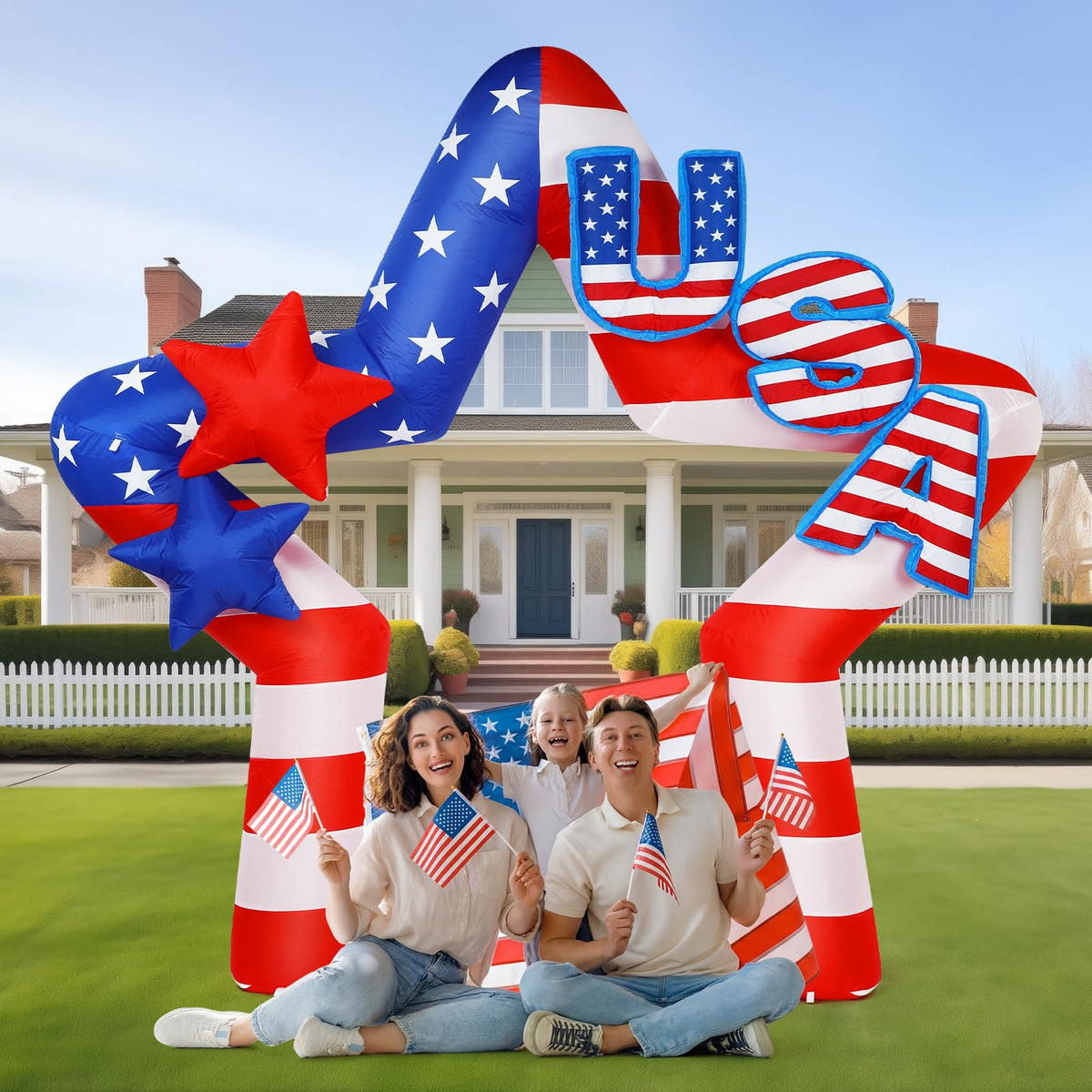 Teyva Daily 8ft inflatable arch with star and USA lettering for an eye-catching Independence Day display.
