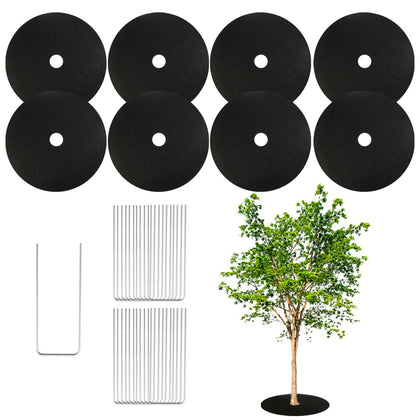 Tezhile 8-pack tree mulch rings around a young trunk for weed control