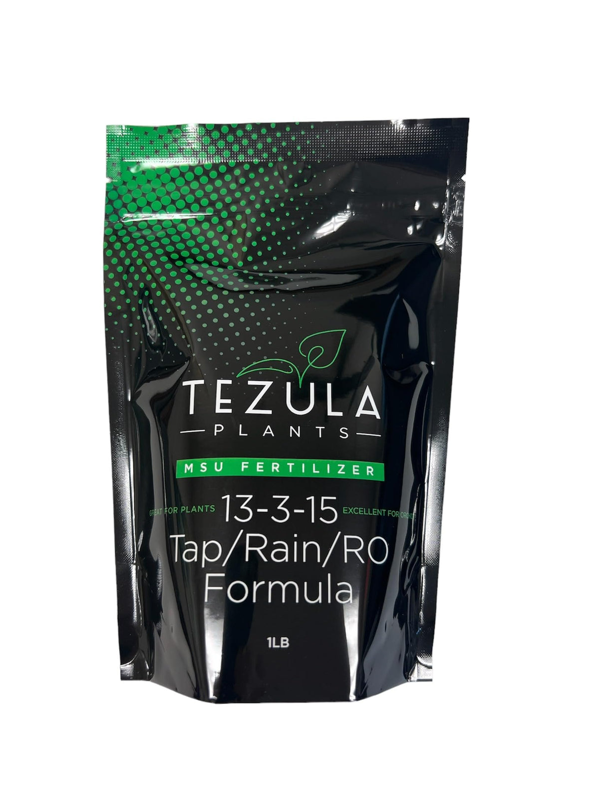 Tezula Plants MSU Orchid Fertilizer bottle label highlights 13-3-15 for healthy blooms