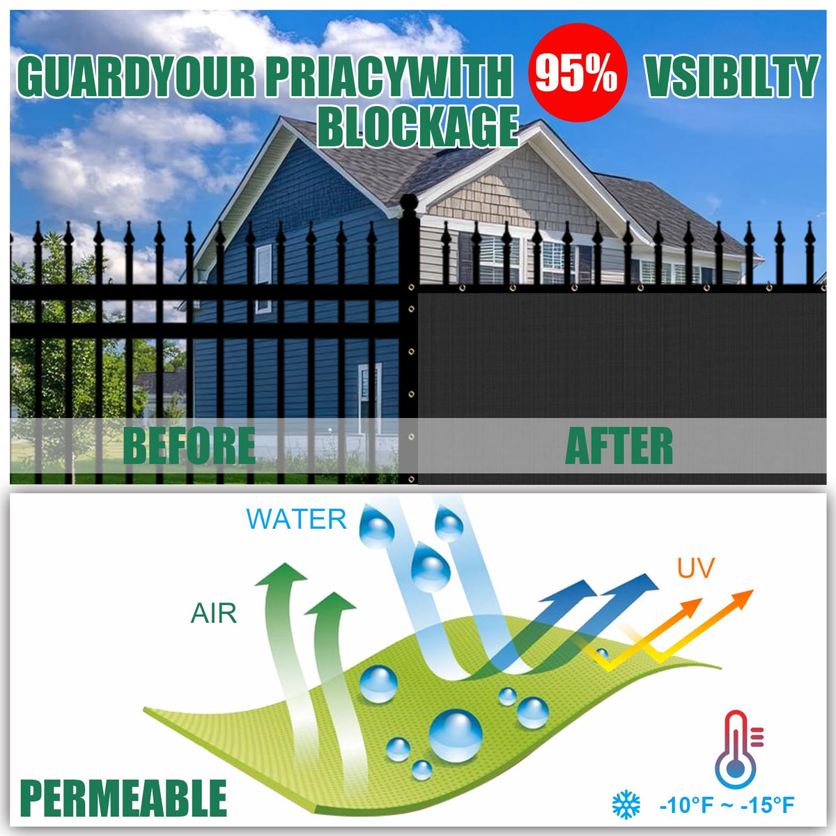 TFMUZERT weatherproof fence panel withstands rain and sun for year-round use.