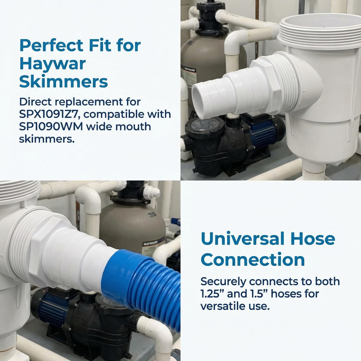 Side view of TGBoBiFiveY universal hose adapter in-use on pool line.