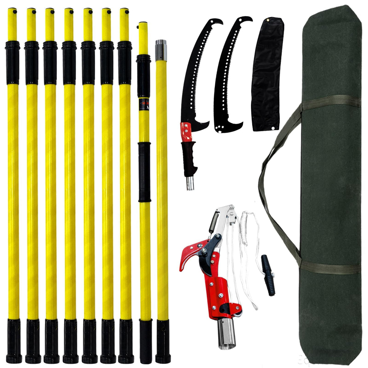 TGrasol pole saw with nine extendable poles enables high-branch pruning.