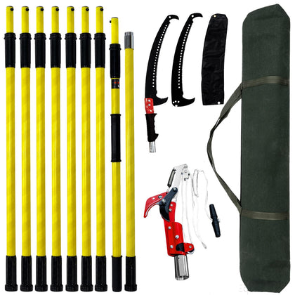 TGrasol pole saw with nine extendable poles enables high-branch pruning.