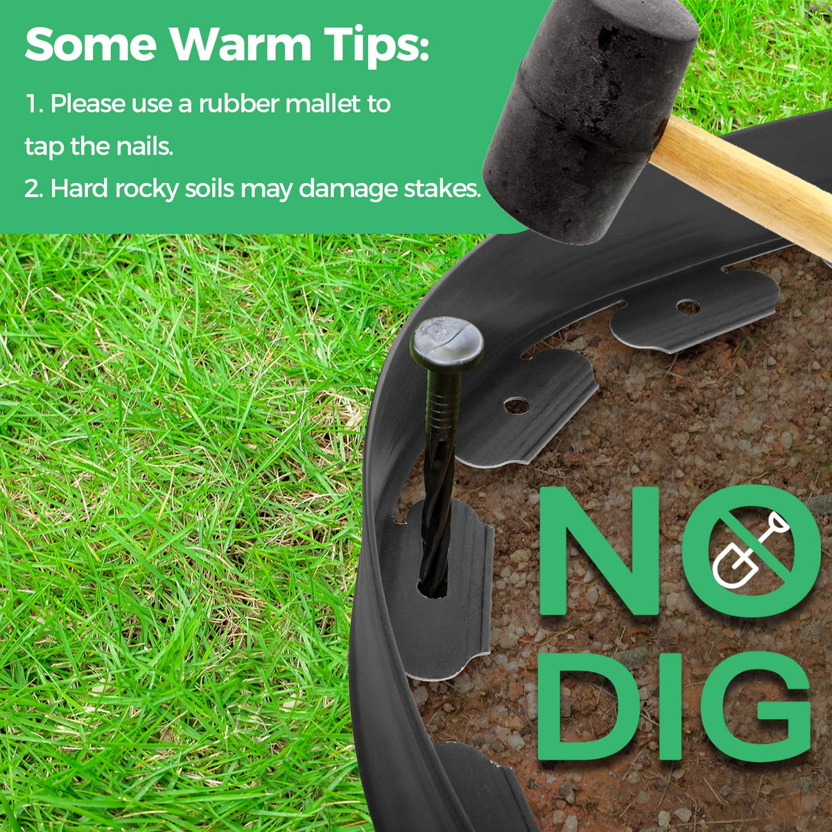 Thanger no-dig installation with hammered spikes securing borders
