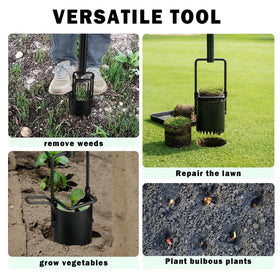 THANKSFINE multi-use tool handles bulbs, grass plugs, weeds and soil samples.