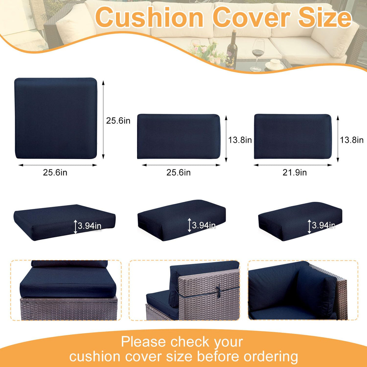 Thankyall navy cushion cover back view with adjustable ties for a secure fit