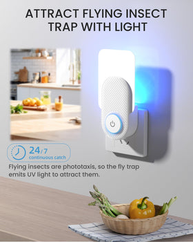 Thcritter plug-in fly trap, side view, compact outlet-friendly design.