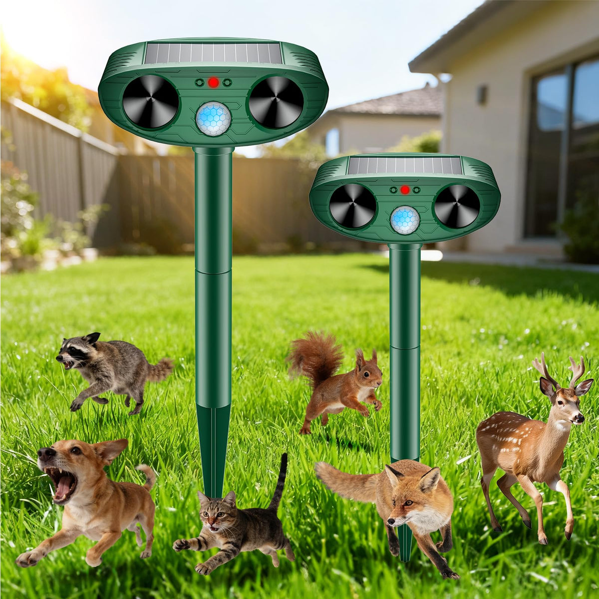 Thcritter solar ultrasonic animal repellent front view deterring deer and rabbits