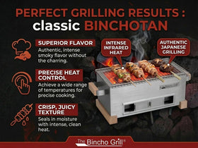 The Bincho Grill Classic Binchotan smokeless burn maintains flavor with minimal smoke