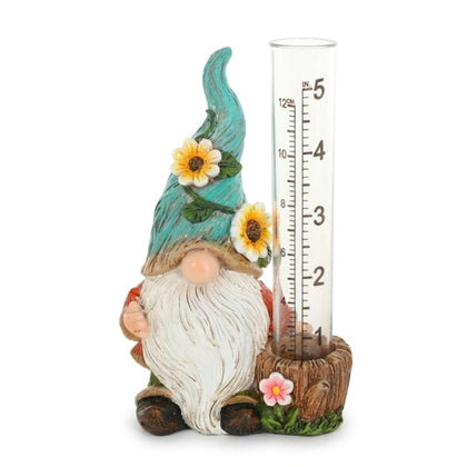 The Bridge Collection garden gnome rain gauge in green with resin details measures rainfall.