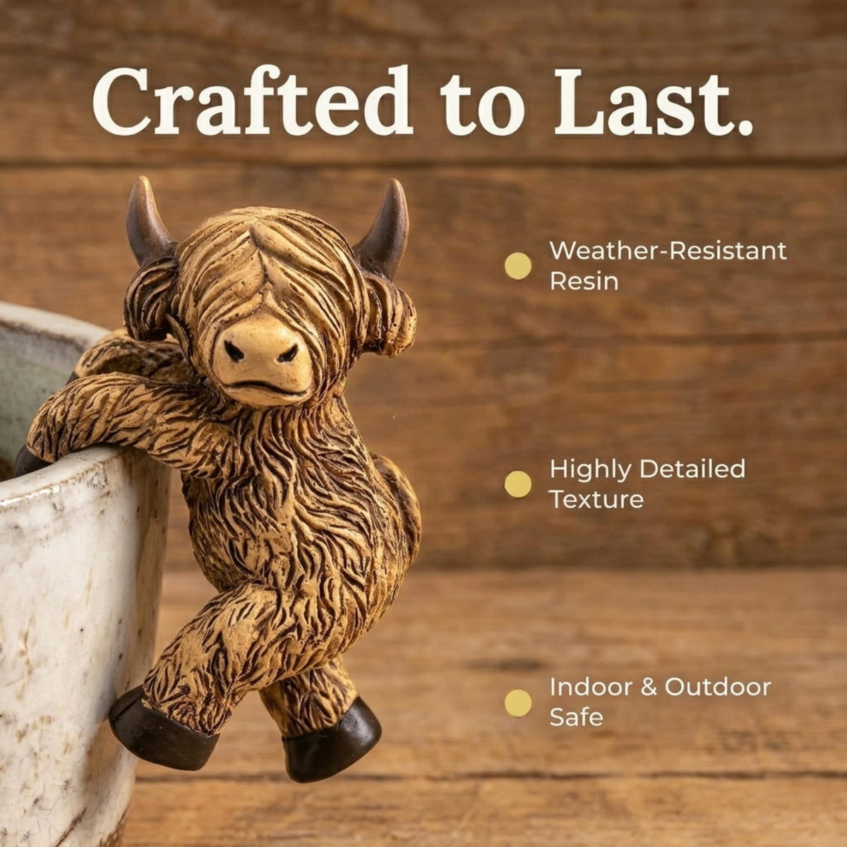 The Bridge Collection Highland Cow pot hanger details textures and weathered finish.