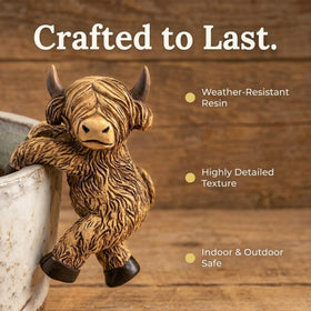The Bridge Collection Highland Cow pot hanger details textures and weathered finish.