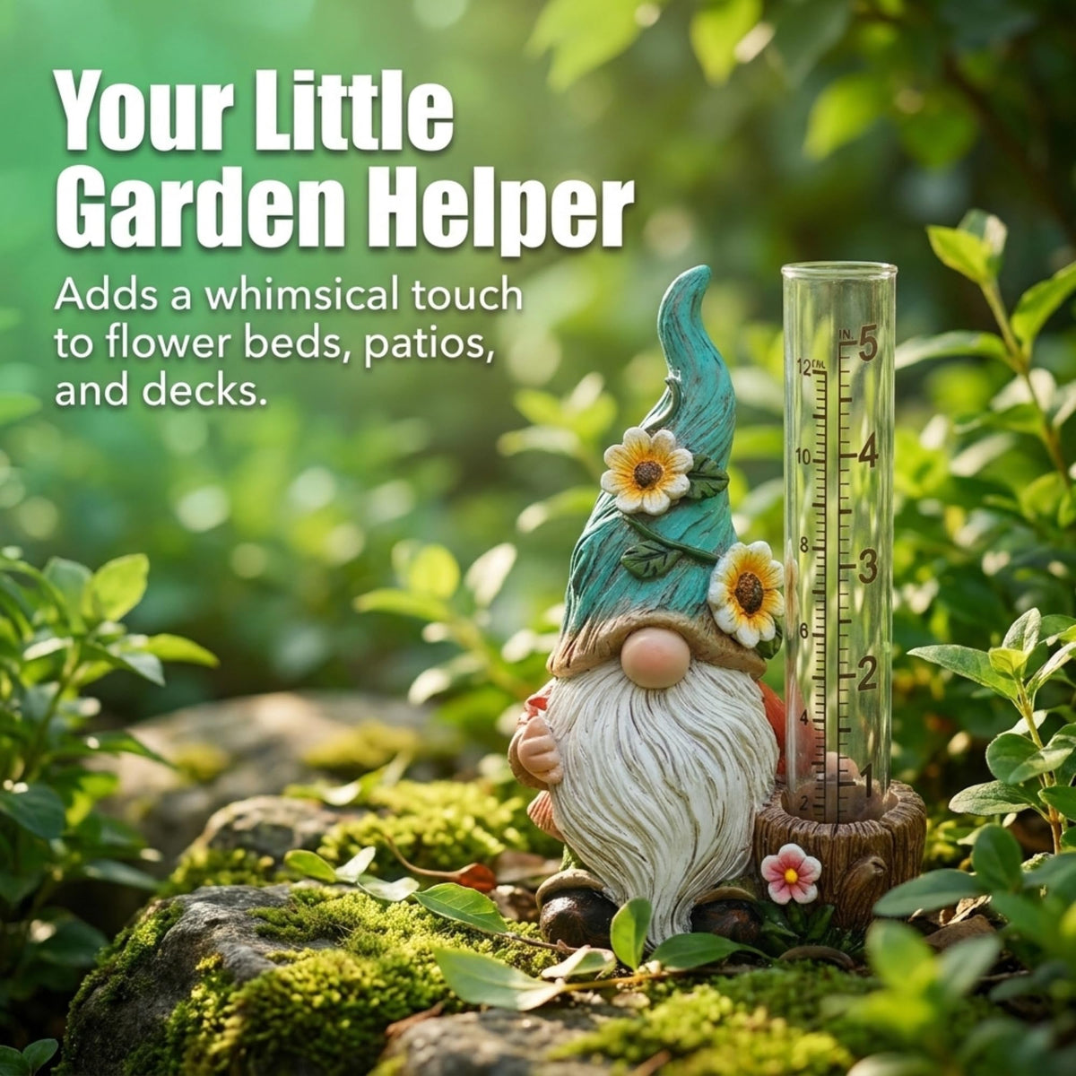 The Bridge Collection gnome on a porch adds whimsy while tracking rainfall.
