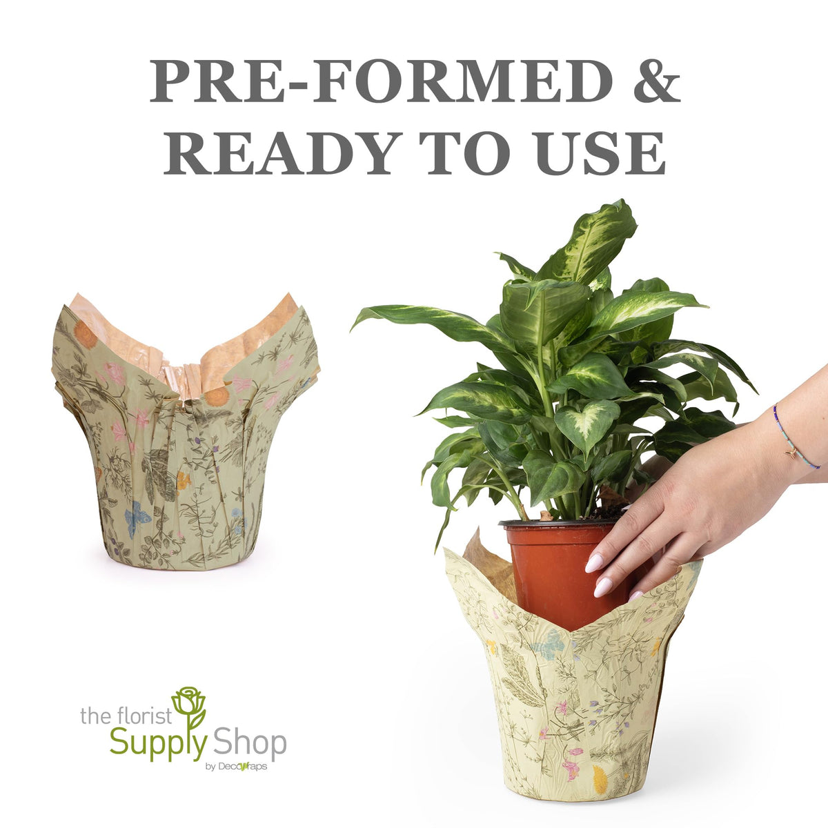 The Florist Supply Premium 6-inch AZA cover with waterproof interior protects surfaces from drips.
