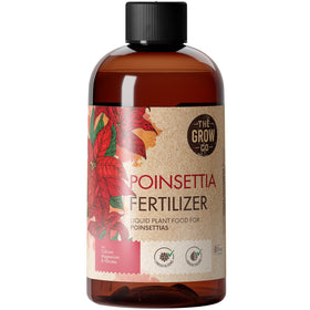 The Grow Co Poinsettia Fertilizer bottle pour supports easy mixing for vibrant bracts.