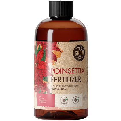 The Grow Co Poinsettia Fertilizer bottle pour supports easy mixing for vibrant bracts.